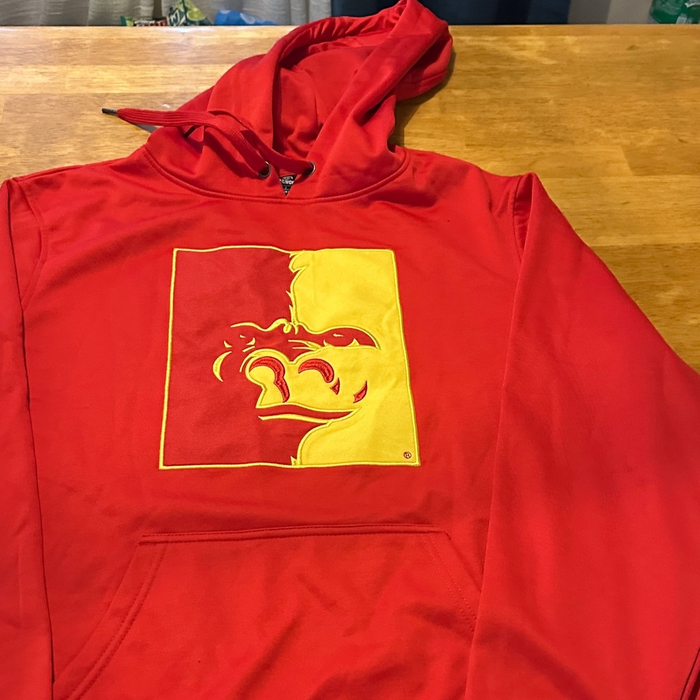 Top of the World Red Hoodie with Yellow Graphic